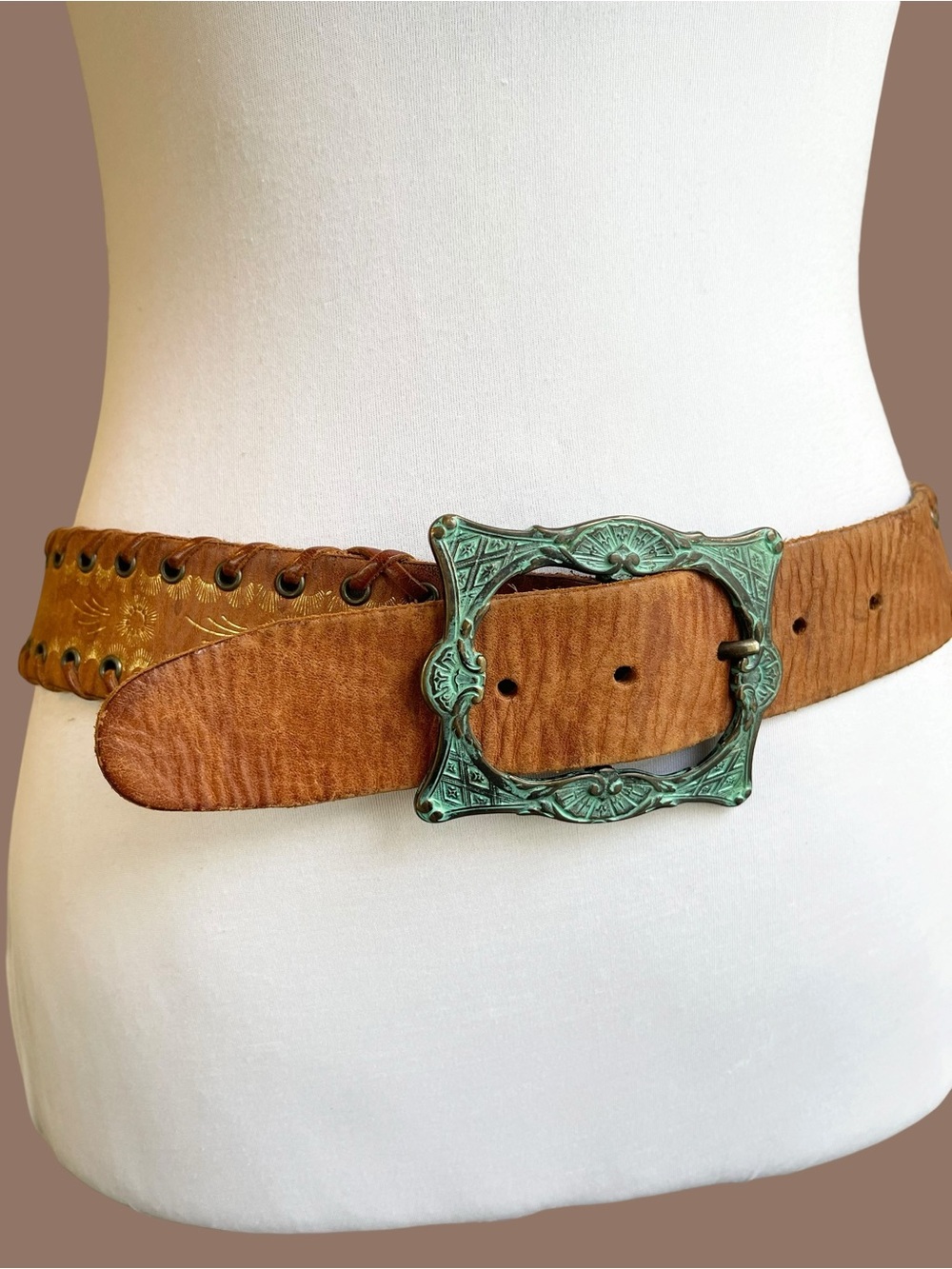 Streets Ahead Cognac Leather Belt Square Patina Buckle Boho Vintage 90s Size M/L